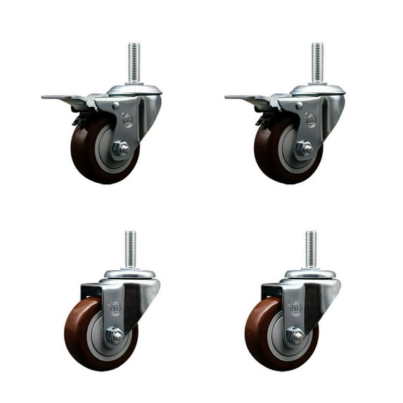 3 Inch Maroon Poly Swivel 5/8 Inch Threaded Stem Caster Set 2 Total Lock Brakes