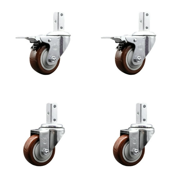 3 Inch Maroon Poly Swivel 7/8 Inch Square Stem Caster Set 2 Total Lock Brakes