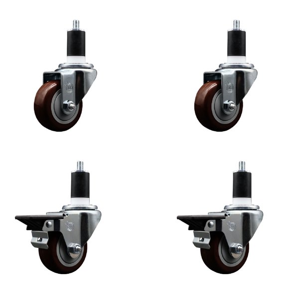 3 Inch Maroon Poly Wheel Swivel 1-1/2 Inch Expanding Stem Caster Set 2 Brakes