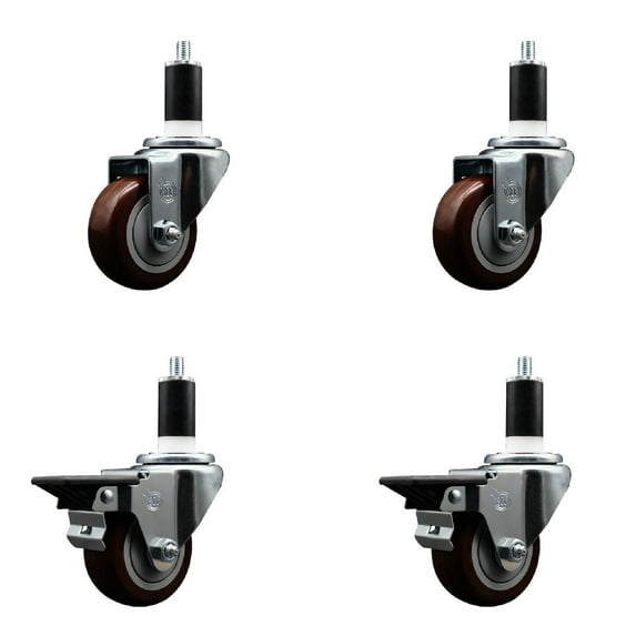 3 Inch Maroon Poly Wheel Swivel 1-3/8 Inch Expanding Stem Caster Set 2 Brakes