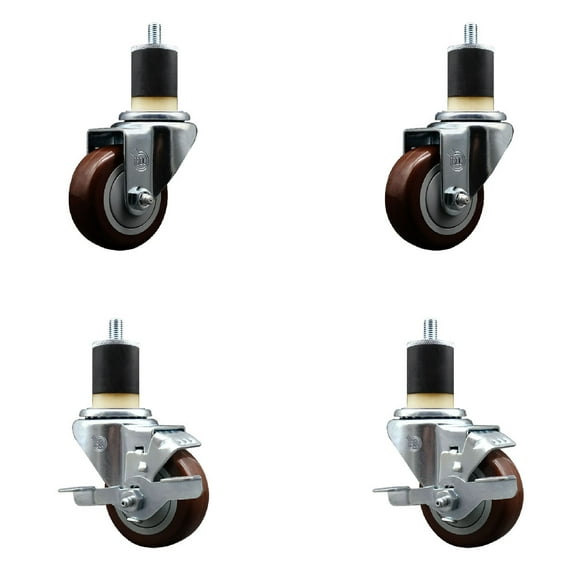 3 Inch Maroon Poly Wheel Swivel 1-7/8 Inch Expanding Stem Caster Set 2 Brakes