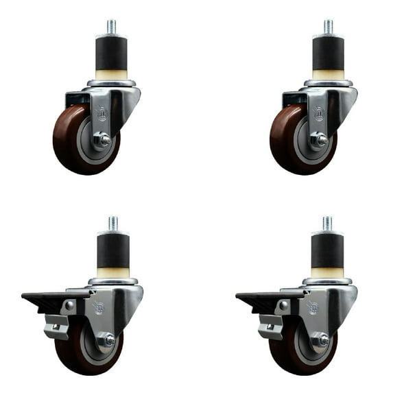 3 Inch Maroon Poly Wheel Swivel 1-7/8 Inch Expanding Stem Caster Set 2 Brakes