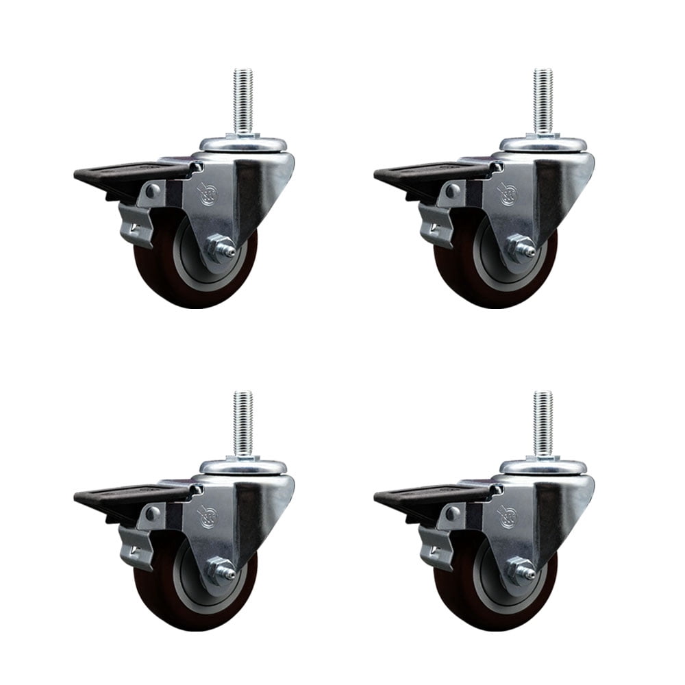 3 Inch Maroon Poly Wheel Swivel 3/4 Inch Threaded Stem Caster Set with ...