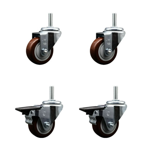 3 Inch Maroon Poly Wheel Swivel 5/8 Inch Threaded Stem Caster Set 2 Brakes