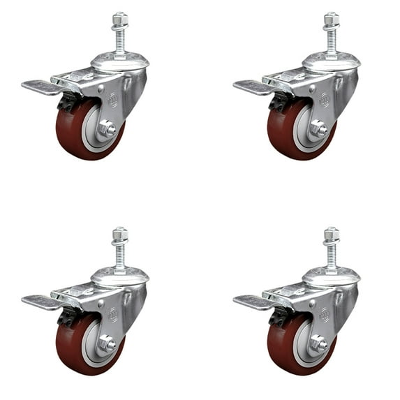 3 Inch Maroon Polyurethane Swivel 10mm Stem Caster Set with Total Lock Brake
