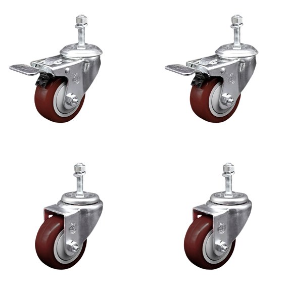 3 Inch Maroon Polyurethane Swivel 3/8 Inch Stem Caster Set 2 Total Lock Brake