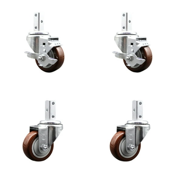 3 Inch Maroon Polyurethane Wheel Swivel 3/4 Inch Square Stem Caster Set 2 Brakes