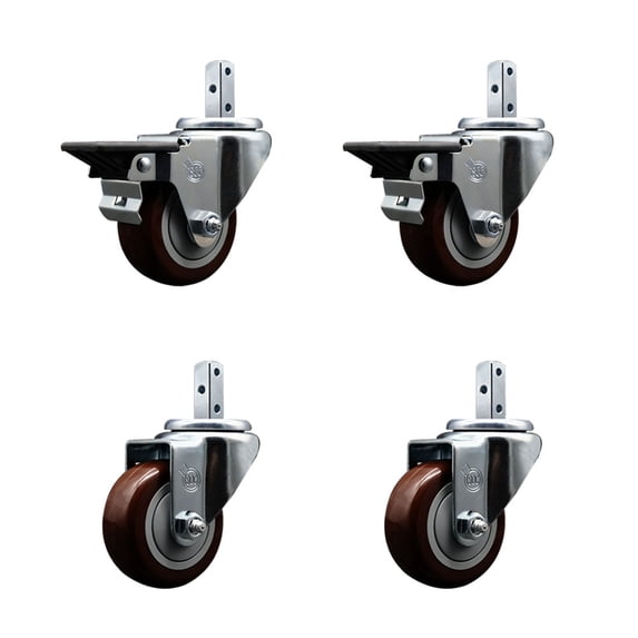 3 Inch Maroon Polyurethane Wheel Swivel 3/4 Inch Square Stem Caster Set 2 Brakes