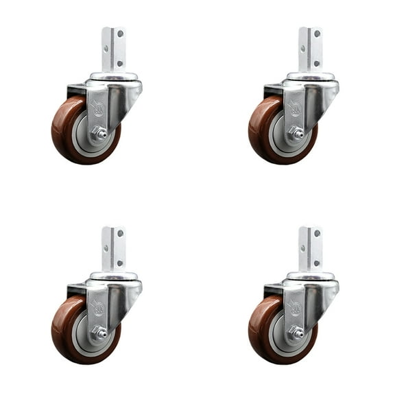 3 Inch Maroon Polyurethane Wheel Swivel 7/8 Inch Square Stem Caster Set SCC