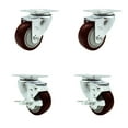 thumbnail image 1 of 3 Inch Maroon Polyurethane Wheel Swivel Top Plate Caster Set with 2 Brakes SCC, 1 of 2