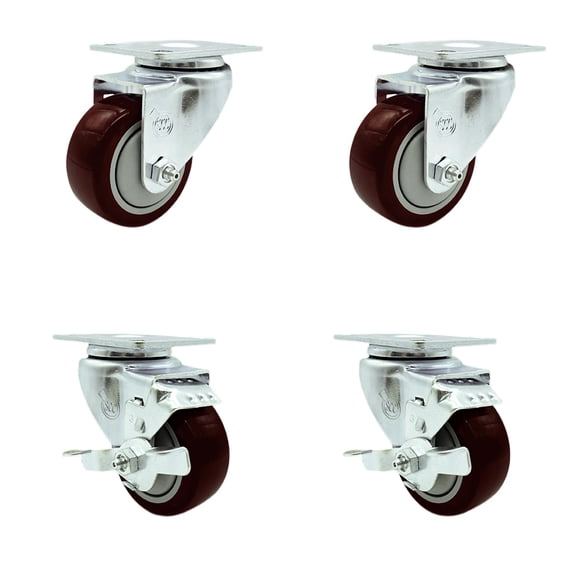 3 Inch Maroon Polyurethane Wheel Swivel Top Plate Caster Set with 2 Brakes SCC