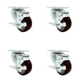 thumbnail image 1 of 3 Inch Maroon Polyurethane Wheel Swivel Top Plate Caster Set with Brake SCC, 1 of 2