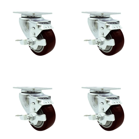 3 Inch Maroon Polyurethane Wheel Swivel Top Plate Caster Set with Brake SCC