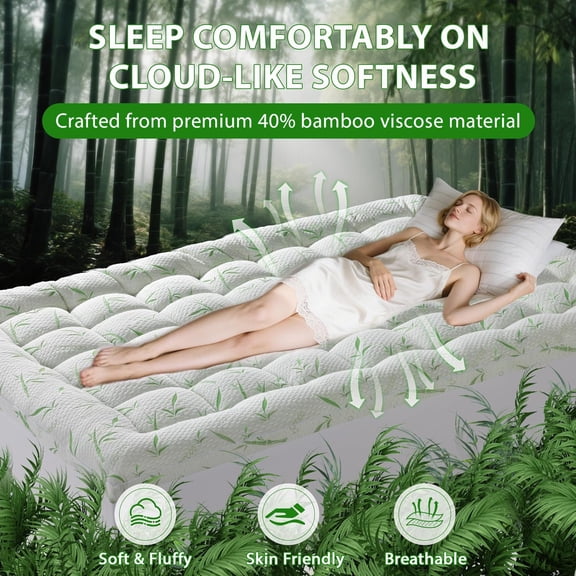 3 Inch Mattress Topper Queen Size, Extra Thick Pillow Top Matress Pad for Back Pain Relief, Cooling Mattress Topper with 6"-18" Deep Pocket, Rayon Derived from Bamboo,Fuffy Mattress Cover (60"x80")
