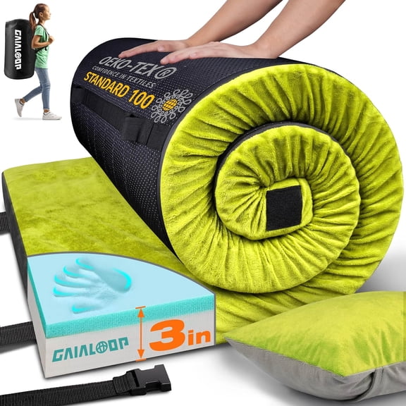 3 Inch Memory Foam Camping Mattress Dual Layer Roll-Up Portable Sleeping Pad for Car Tent Cot Kid Size 62x23x3 Inches Avocado Green