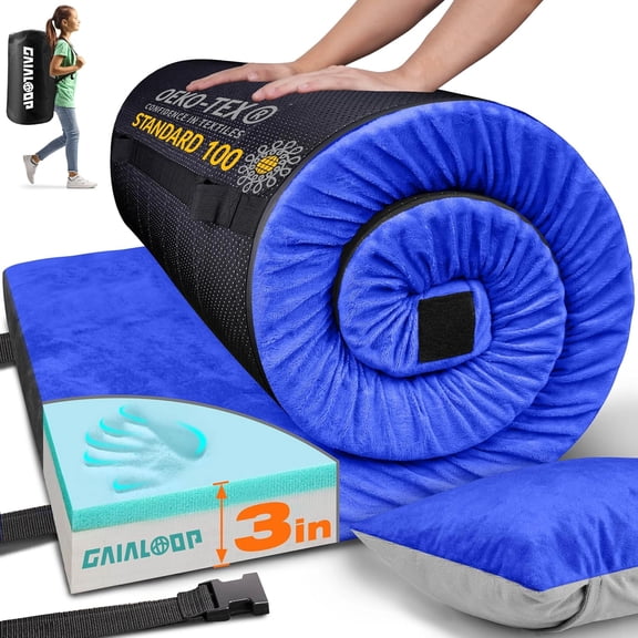 3 Inch Memory Foam Camping Mattress Dual Layer Roll-Up Portable Sleeping Pad for Car Tent Cot Size Kid 62x23x3 Inch Color Lapis Blue