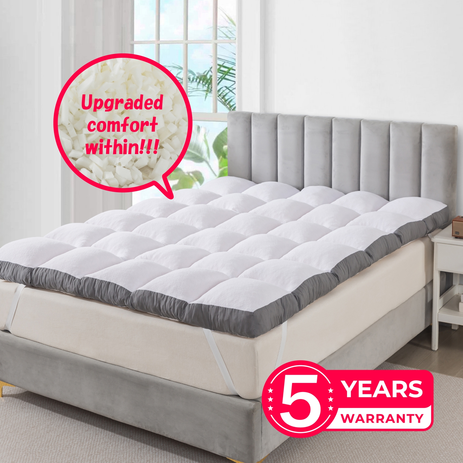 3 Inch Full Size Memory Foam Mattress Topper – Shredded Foam Pillow Top, Non-Slip Bottom With Straps