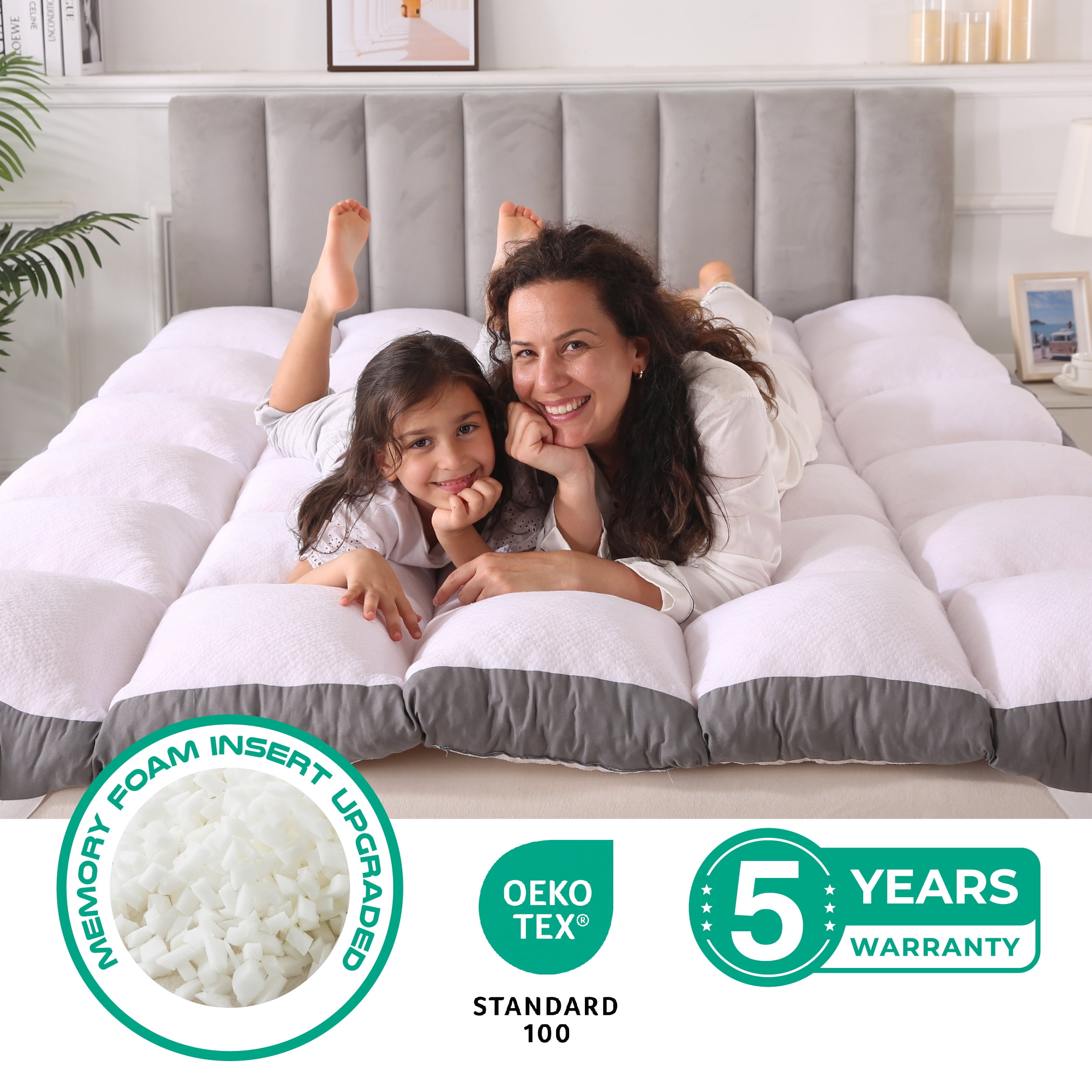 3 Inch Full Size Memory Foam Mattress Topper – Shredded Foam Pillow Top, Non-Slip Bottom With Straps