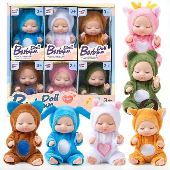 3 Inch Mini Realistic Baby Dolls Set of 6 Soft PVC Vinyl Dolls with Multicultural Outfits – Cute Sleeping Newborn Figurines for Kids Toys, Bedroom Decor, Car Dashboard