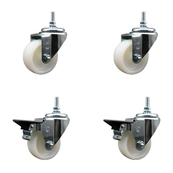 3 Inch Nylon 3/8 Inch Threaded Stem Caster Set 2 Brakes SCC