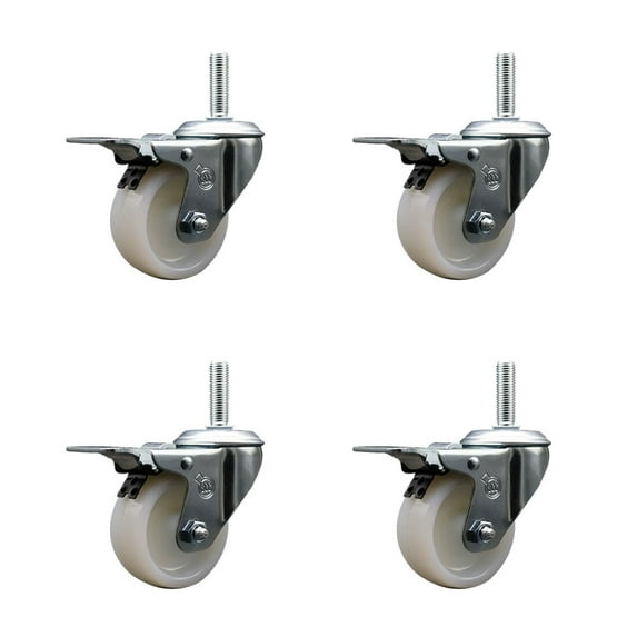 3 Inch Nylon Swivel 5/8 Inch Threaded Stem Caster Set with Total Lock Brake
