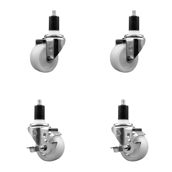 3 Inch Nylon Wheel Swivel 1-1/2 Inch Expanding Stem Caster Set 2 Brakes SCC