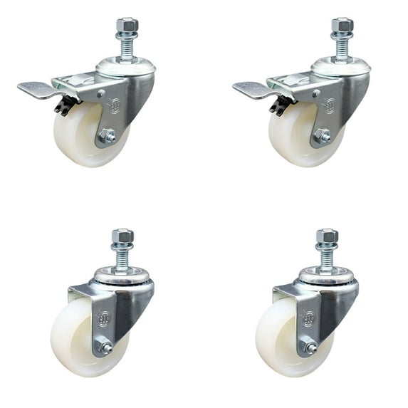 3 Inch Nylon Wheel Swivel 12mm Threaded Stem Caster Set 2 Total Lock Brakes