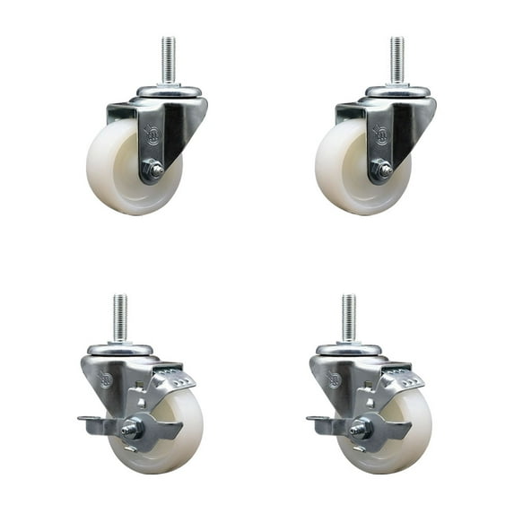 3 Inch Nylon Wheel Swivel 3/4 Inch Threaded Stem Caster Set 2 Brakes SCC