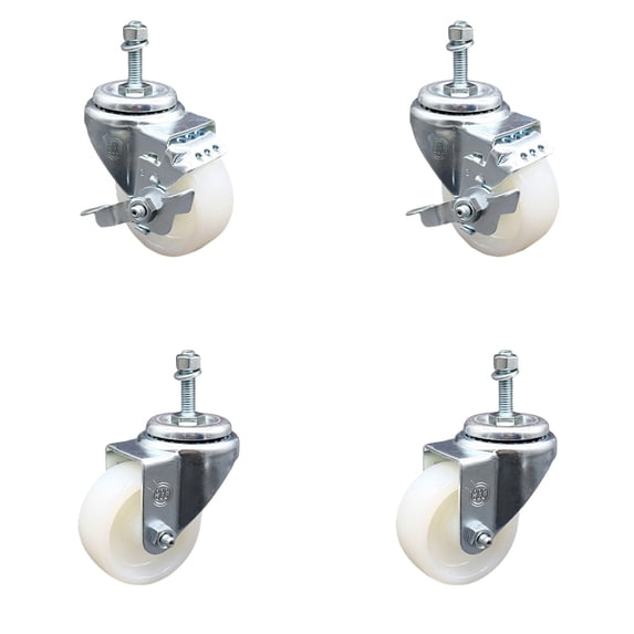 3 Inch Nylon Wheel Swivel 3/8 Inch Threaded Stem Caster Set 2 Brakes SCC