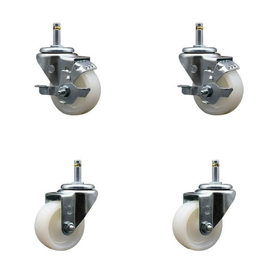 3 Inch Nylon Wheel Swivel 7/16 Inch Grip Ring Stem Caster Set 2 Brakes SCC