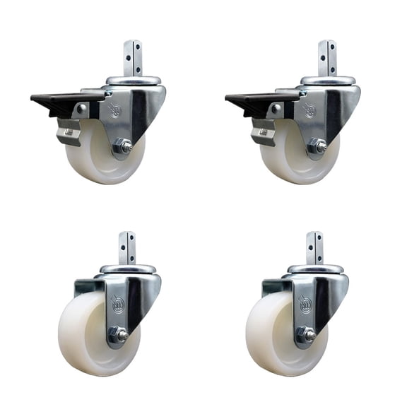 3 Inch Nylon Wheel Swivel 7/8 Inch Square Stem Caster Set 2 Brakes SCC