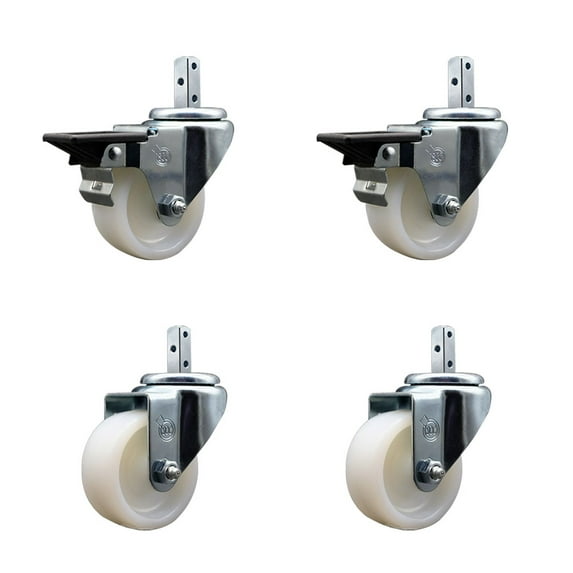 3 Inch Nylon Wheel Swivel 7/8 Inch Square Stem Caster Set 2 Brakes SCC