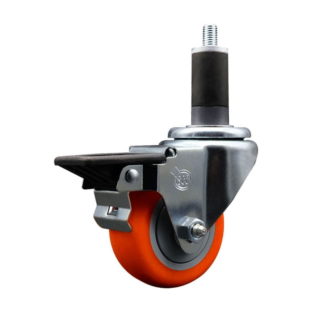 3 Inch Orange Poly Swivel 1-1/4 Inch Expanding Stem Caster with Brake ...