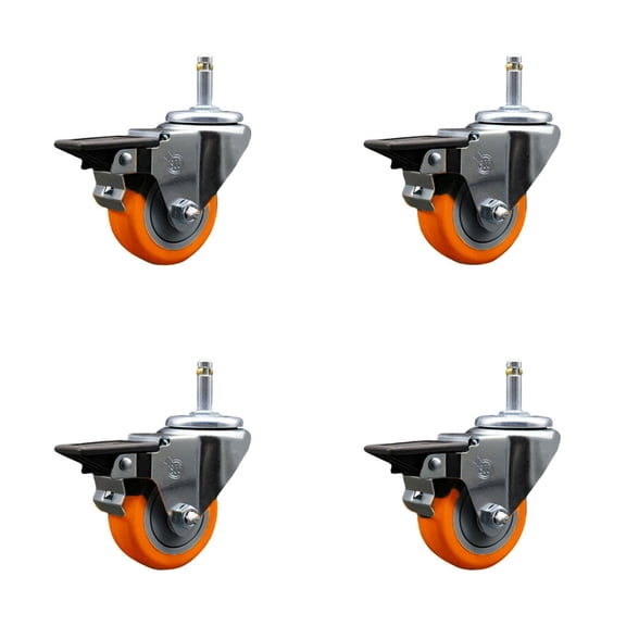 3 Inch Orange Poly Swivel 7/16 Inch Grip Ring Stem Caster Set with Brake