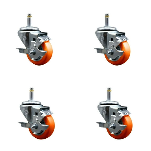 3 Inch Orange Poly Swivel 7/16 Inch Grip Ring Stem Caster Set with Brake