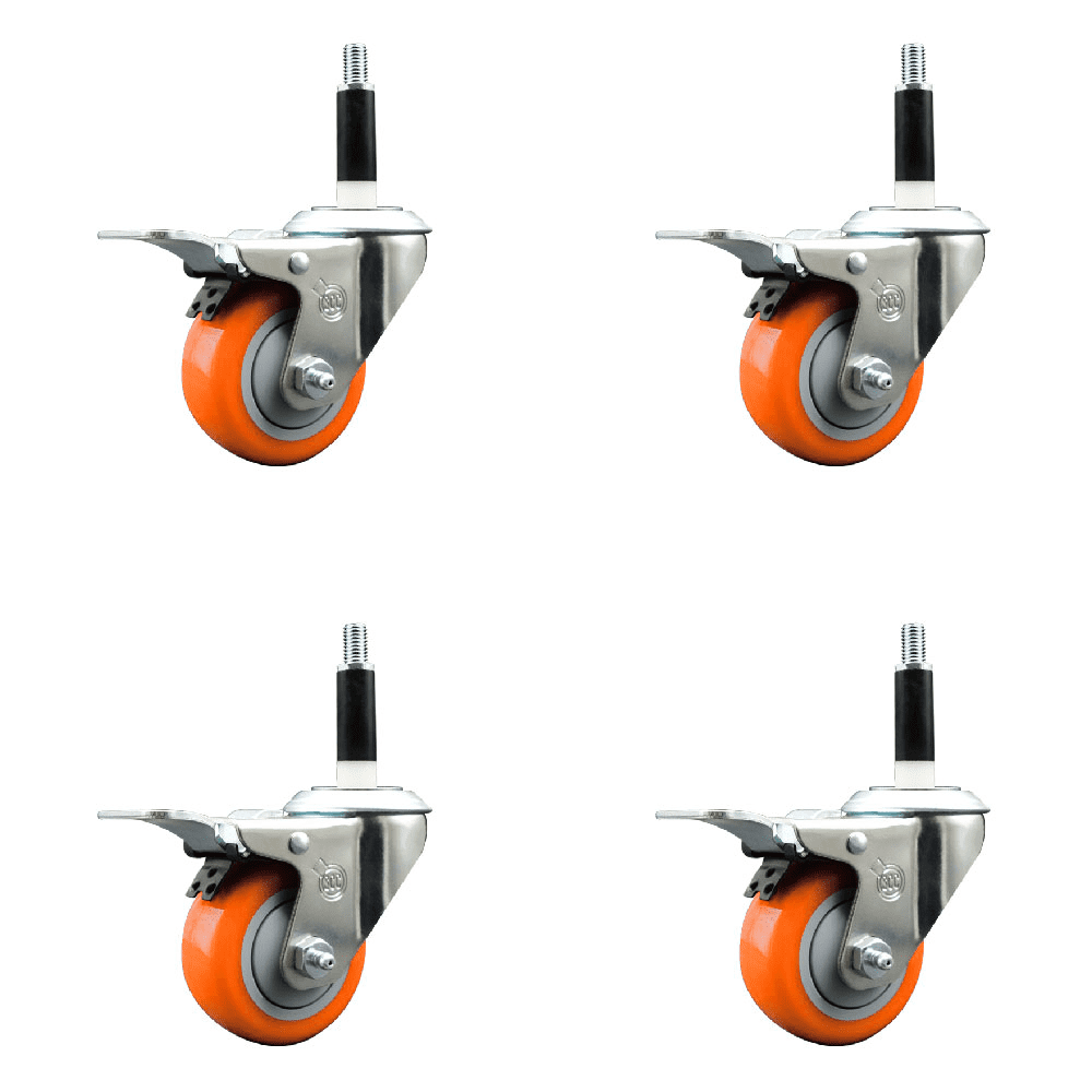 3 Inch Orange Poly Swivel 7/8 Inch Expanding Stem Caster Set Total Lock ...