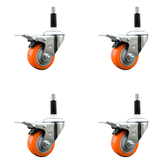3 Inch Orange Poly Swivel 7/8 Inch Expanding Stem Caster Set Total Lock Brake
