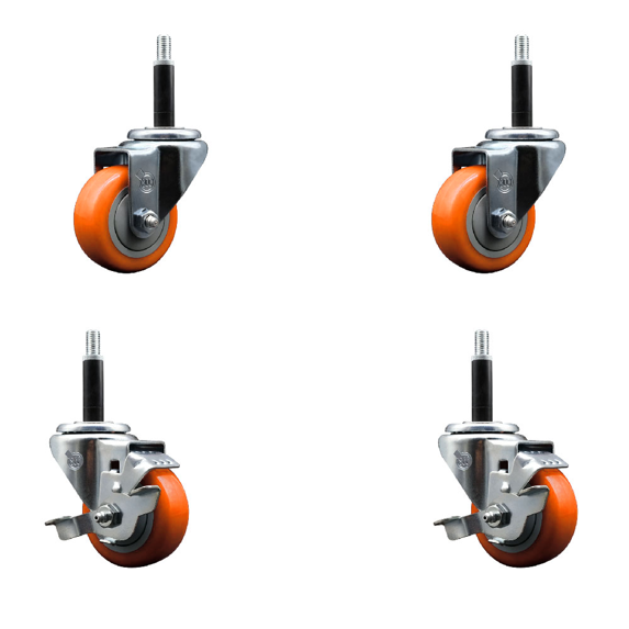 3 Inch SS Orange Poly Wheel Swivel 3/4 Inch Expanding Stem Caster Set 2 Brakes