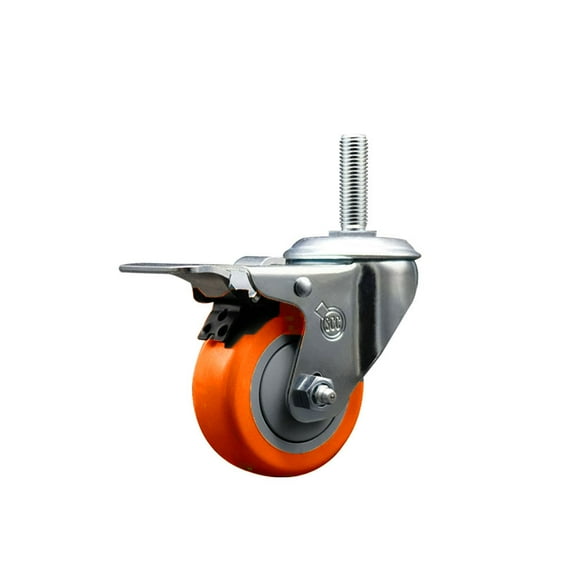3 Inch Orange Poly Wheel Swivel 5/8 Inch Threaded Stem Caster Total Lock Brake