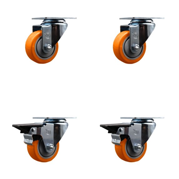 3 Inch Orange Poly Wheel Swivel Top Plate Caster Set with 2 Posi Brakes SCC