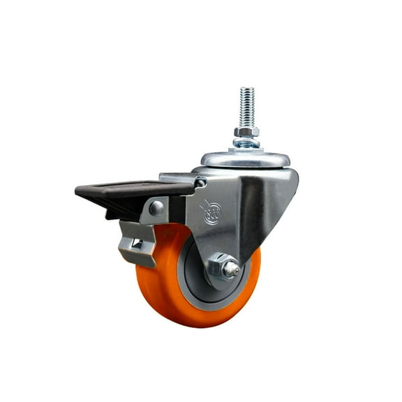 3 Inch Orange Polyurethane 12MM Threaded Stem Caster with Brake