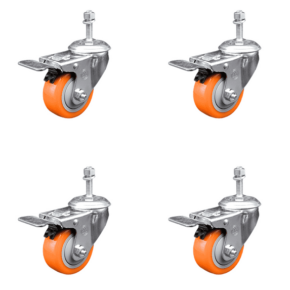 3 Inch Orange Polyurethane Swivel 3/8 Inch Stem Caster Set with Total Lock Brake