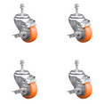 thumbnail image 1 of 3 Inch Orange Poly Swivel 3/8 Inch Threaded Stem Caster Set with Brake, 1 of 1