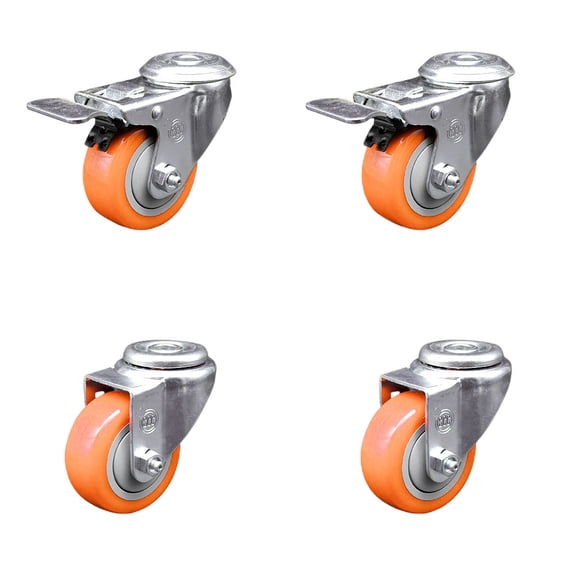 3 Inch Orange Polyurethane Swivel Bolt Hole Caster Set with 2 Total Lock Brake