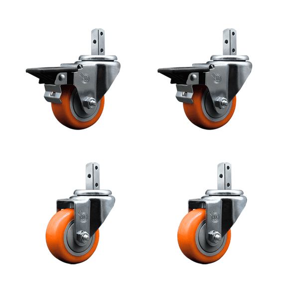 3 Inch Orange Polyurethane Wheel Swivel 3/4 Inch Square Stem Caster Set 2 Brakes