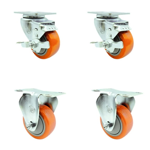 3 Inch Orange Poly Wheel Swivel Top Plate Caster Set with 2 Brake 2 Rigid