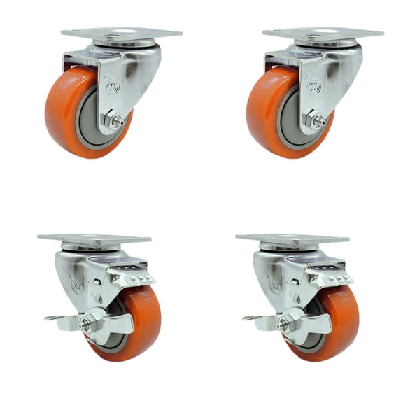 3 Inch Orange Polyurethane Wheel Swivel Top Plate Caster Set with 2 Brakes SCC