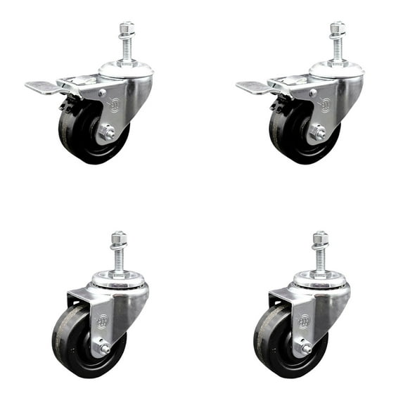 3 Inch Phenolic Swivel 3/8 Inch Threaded Stem Caster Set 2 Total Lock Brake SCC