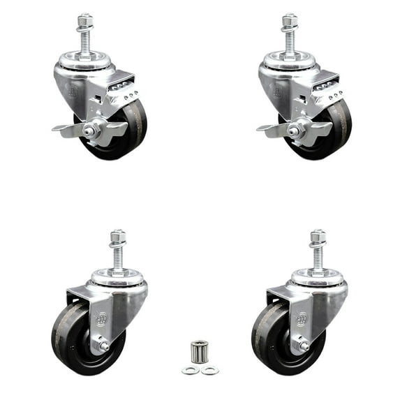 3 Inch Phenolic Wheel Swivel 3/8 Inch Threaded Stem Caster Set 2 Brakes SCC