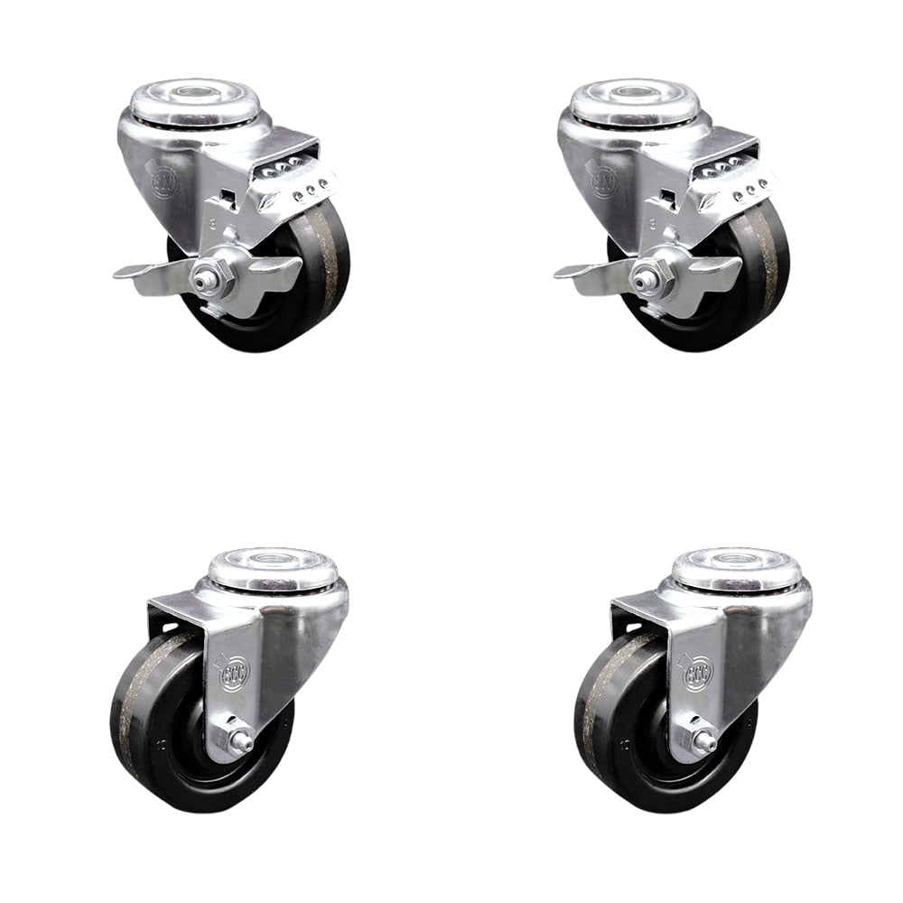 3 Inch Phenolic Wheel Swivel Bolt Hole Caster Set with 2 Brake Service ...